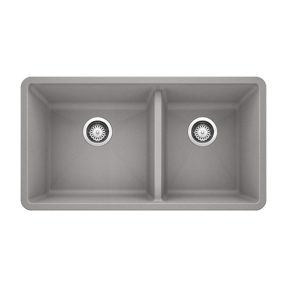 Metallic Gray Precis Silgranit 60/40 Double Bowl Undermount Kitchen Sink, 33" L X 18" W