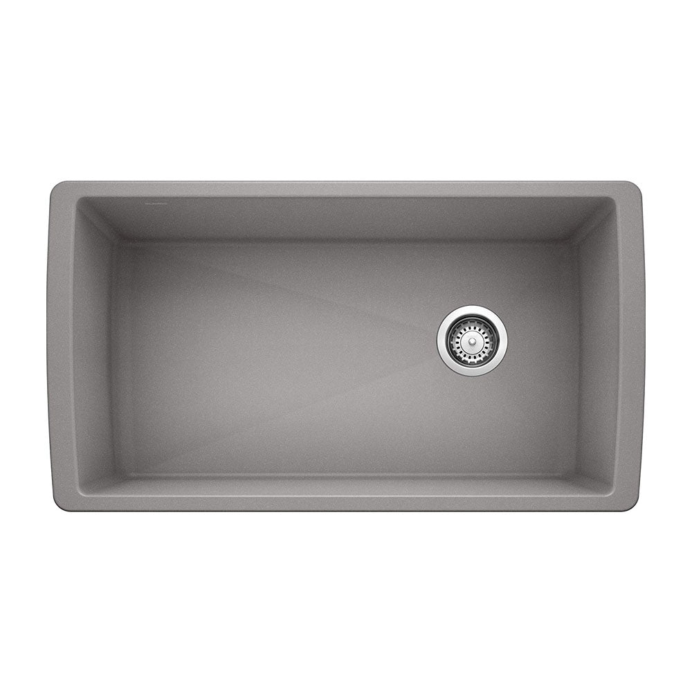 Bowl Diamond Silgranit Single Undermount Kitchen Sink, 33.5" L X 18.5" W X 9.5" D, Metallic Gray