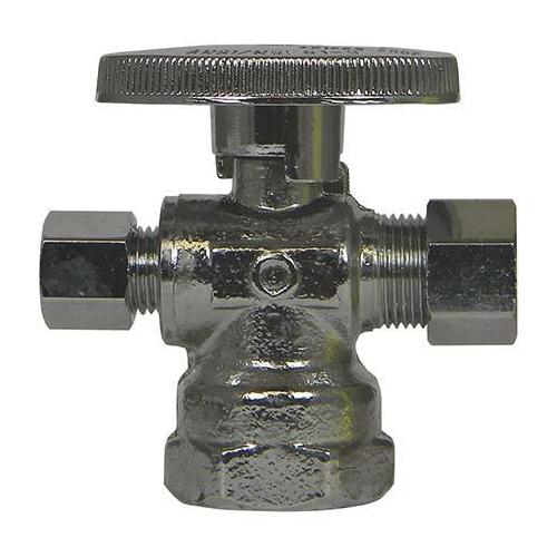A.Y. McDonald 5421-285, 72083D 3-Way 1/4 Turn Supply Stop, 1/2 x 3/8 x 3/8 in Nominal, FNPT x Compression x Compression, 125 psi, Brass Body, Polished Chrome, Import