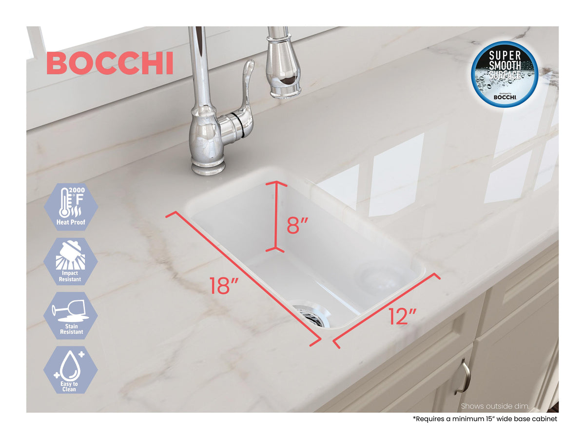 BOCCHI 1358-001-0120 Sotto Modern Bar Sink, Rectangle Shape, 8 in H x 18 in W x 12 in L, Dual Mounting, Fireclay, White, Import
