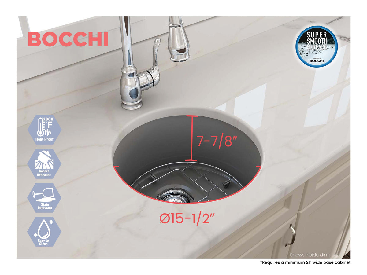 BOCCHI 1361-006-0120 Sotto Modern Bar Sink, Round Shape, 9 in H x 18 1/2 in W x 18 1/2 in L, Dual Mounting, Fireclay, Matte Gray, Import