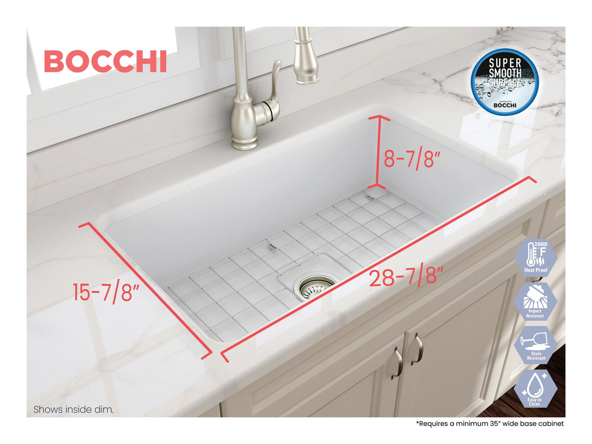 BOCCHI 1362-002-0120 Sotto Modern Kitchen Sink, Rectangle Shape, 10 in H x 19 in W x 32 in L, Dual Mounting, Fireclay, Matte White, Import