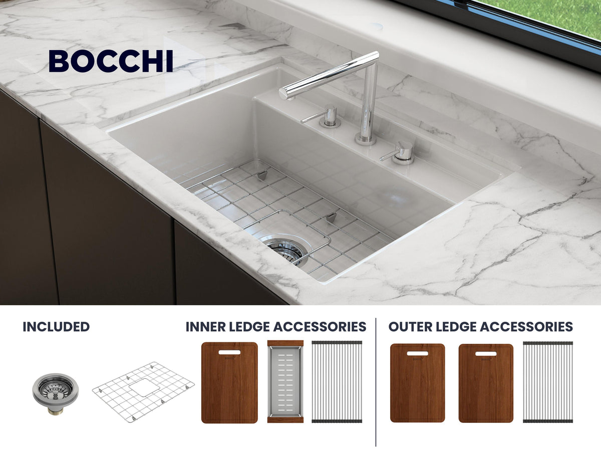 BOCCHI 1633-001-0127 Baveno Kitchen Sink, 3 Faucet Holes, 10 in H x 19 in W x 27 in L, Dual Mounting, Fireclay, White, Import