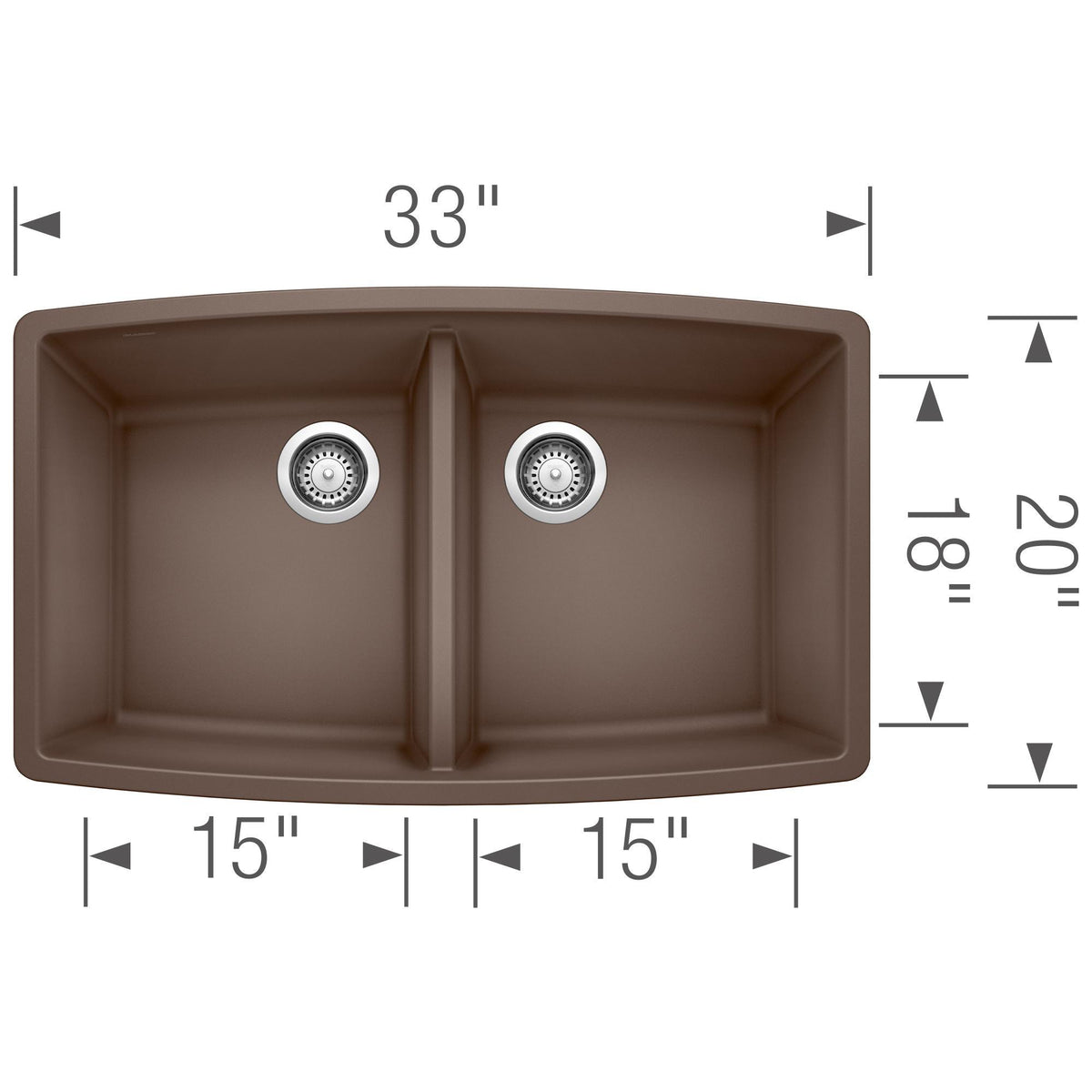 Blanco 440070 PERFORMA™ SILGRANIT® II Equal Double Bowl Composite Sink, Biscuit, Rectangle Shape, 15 in Left, 15 in Right L x 18 in Left, 18 in Right W Bowl x 10 in Left, 10 in Right D Bowl, 33 in L x 20 in W, Undermount Mounting, Granite