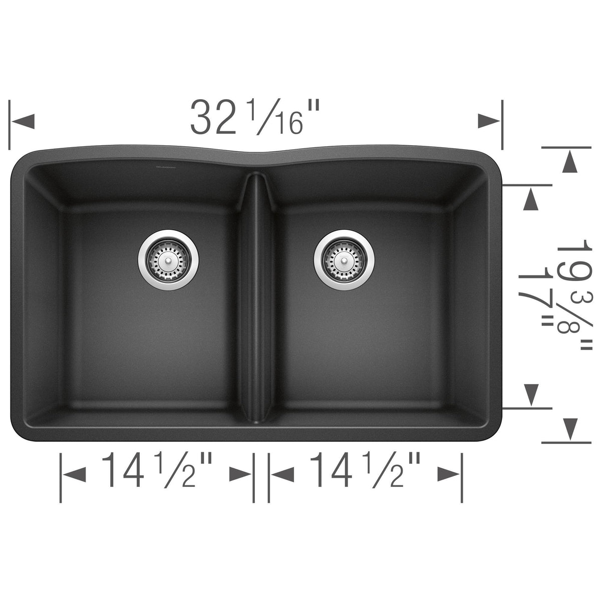 Blanco 440186 DIAMOND™ SILGRANIT® II Equal Double Bowl Composite Sink, Biscuit, Rectangle Shape, 14-1/2 in Left, 14-1/2 in Right L x 17 in Left, 17 in Right W Bowl x 9-1/2 in Left, 9-1/2 in Right D Bowl, 32 in L x 19-1/4 in W, Undermount Mounting, Granite