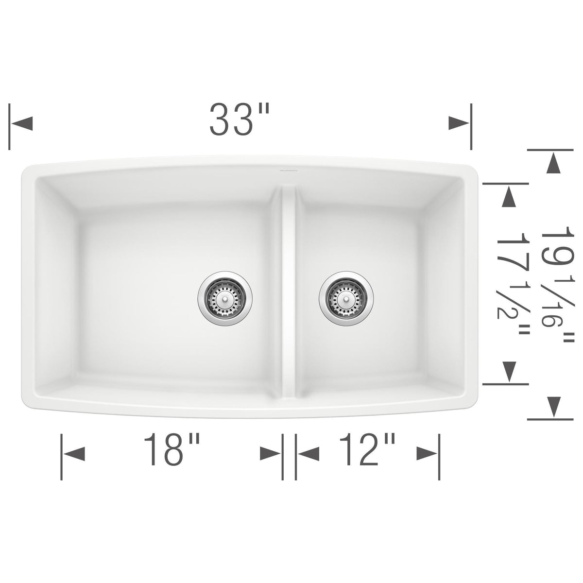 Blanco 441311 PERFORMA™ SILGRANIT® II Medium 1-3/4 Bowl Composite Sink, Biscuit, Rectangle Shape, 18 in Left, 12 in Right L x 17-1/2 in Left, 17-1/2 in Right W Bowl x 10 in Left, 10 in Right D Bowl, 33 in L x 19 in W, Undermount Mounting, Granite