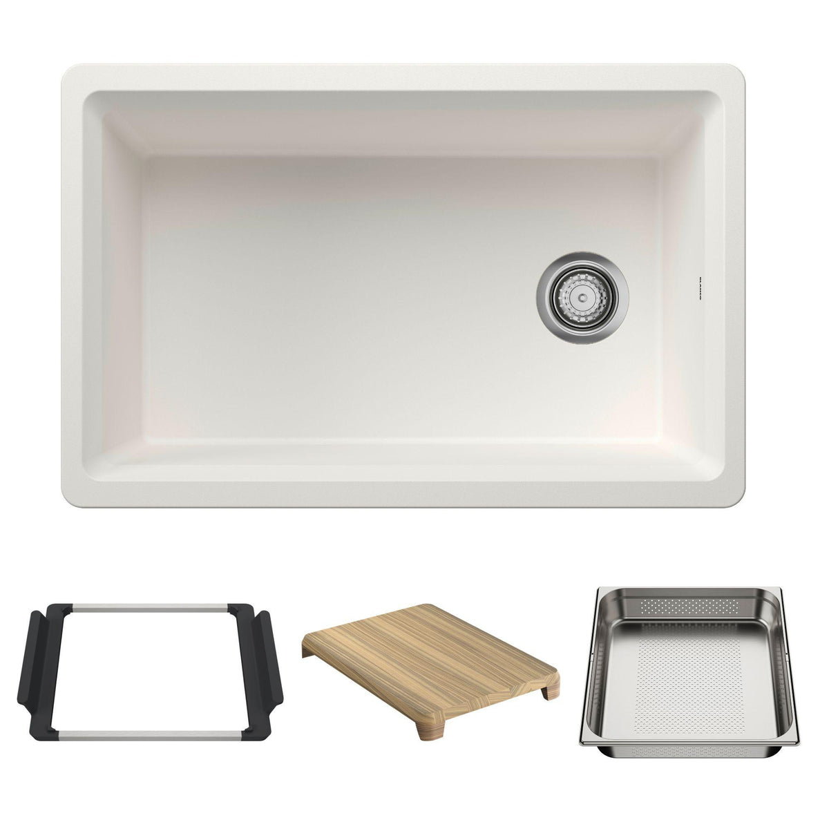 Blanco 443306 Inteos Single Bowl Kitchen Sink, White, Rectangle Shape, 26.75 in L x 15.75 in W Bowl x 9 in D Bowl, 30 in L x 19.5 in W, Undermount Mounting, Silgranit
