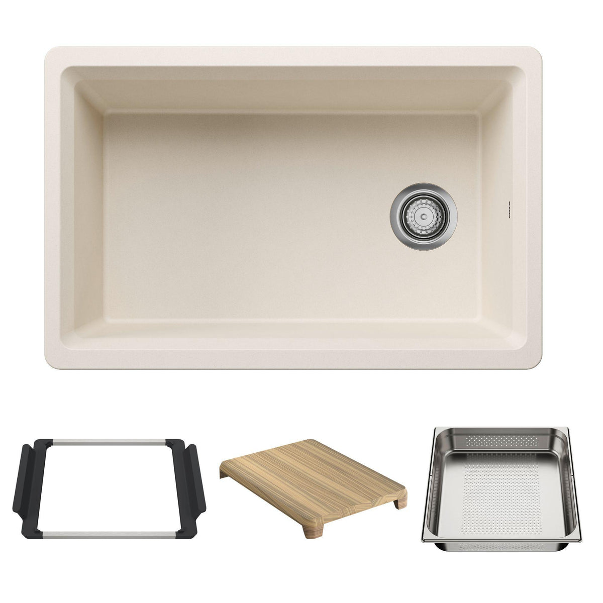 Blanco 443310 Inteos Single Bowl Kitchen Sink, Soft White, Rectangle Shape, 26.75 in L x 15.75 in W Bowl x 9 in D Bowl, 30 in L x 19.5 in W, Undermount Mounting, Silgranit
