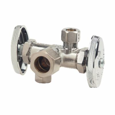 BrassCraft® CR1901DVX C Multi-Turn Dual Outlet/Dual-Shut-Off Angle Stop, 1/2 x 3/8 x 3/8 in Nominal, Compression, 125 psi, Brass Body, Polished Chrome, Domestic