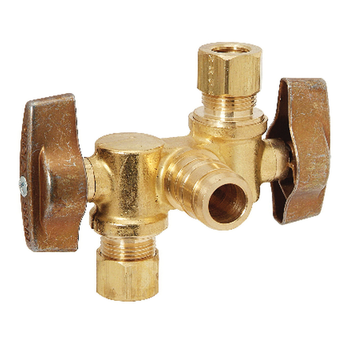 BrassCraft® KTBRPX1901DVX R 1/4-Turn Dual Outlet Dual Shut-Off Angle Ball Stop, 1/2 x 3/8 x 3/8 in Nominal, PEX x Compression End Style, 125 psi Pressure, Brass Body, Rough Brass, Import