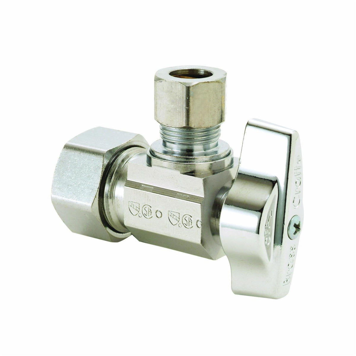 BrassCraft® KTCR09X C 1/4 Turn Angle Stop Ball Valve, 1/2 x 1/4 in Nominal, Compression End Style, 125 psi Pressure, Brass Body, Polished Chrome