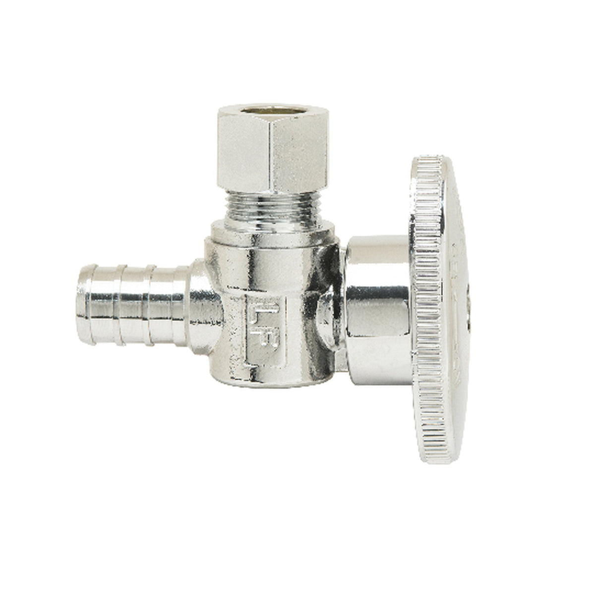 PlumbShop® RELIABLE VALUE™ PLB104X P Angle Style Quarter-Turn Supply Ball Stop, 1/2 x 3/8 in Nominal, PEX x Compression, 125 psi, Brass Body, Polished Chrome