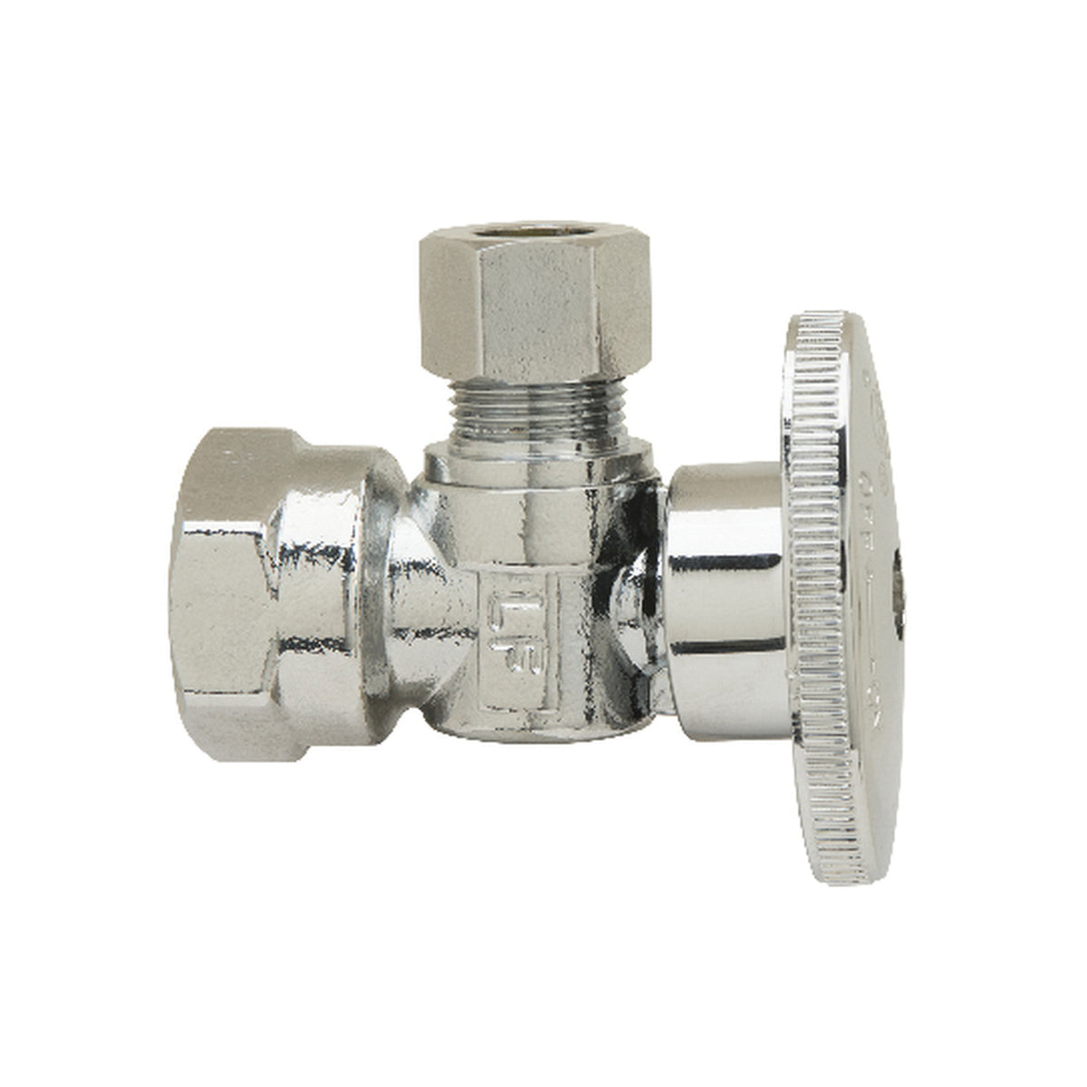 PlumbShop® RELIABLE VALUE™ PLB108X P Angle Style Quarter-Turn Supply Ball Stop, 1/2 x 3/8 in Nominal, FNPT x Compression, 125 psi, Brass Body, Polished Chrome