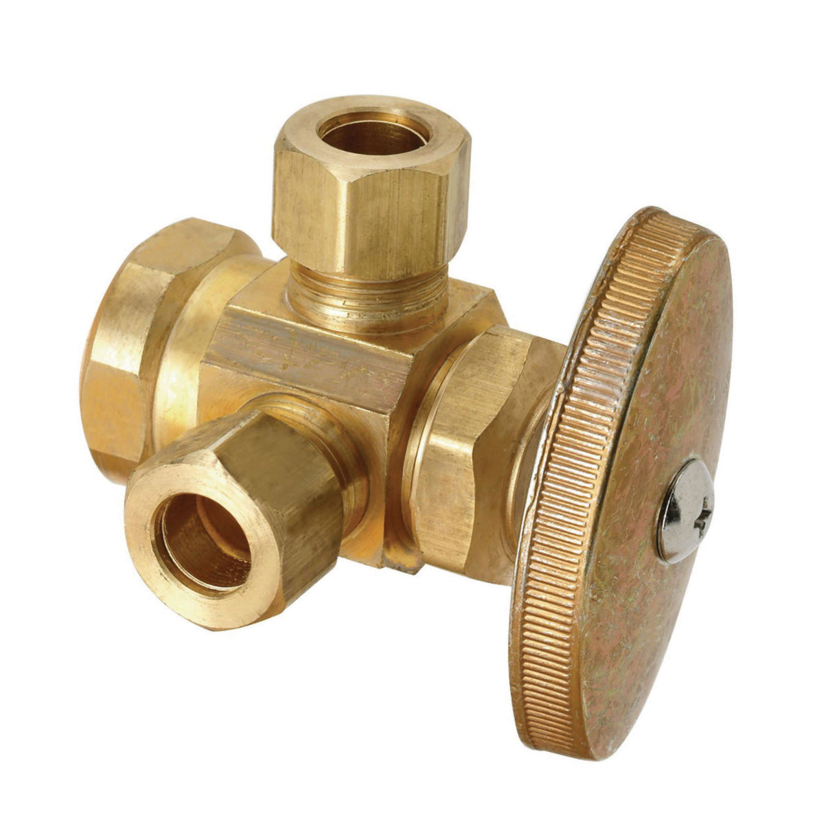 BrassCraft® R1701LRX R1 R1700 Multi-Turn Dual Outlet Stop, 1/2 x 3/8 x 3/8 in Nominal, FNPT x Compression x Compression, 125 psi, Brass Body, Rough Brass, Domestic
