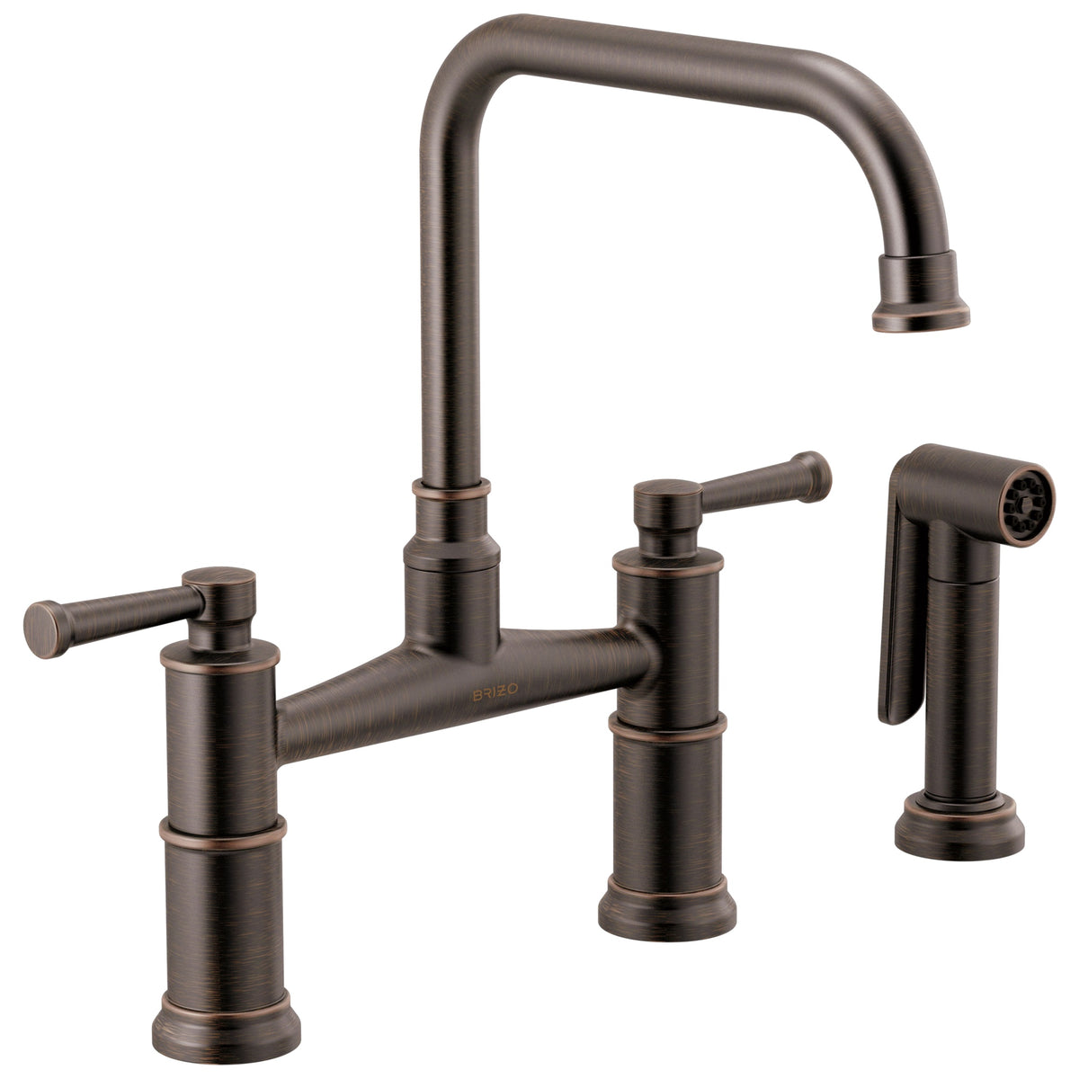Brizo® 62525LF-RB Artesso® Widespread Bridge Kitchen Faucet With Spray, 1.8 gpm Flow Rate, 8 in Center, 360 deg Swivel Spout, Venetian Bronze, 2 Handles