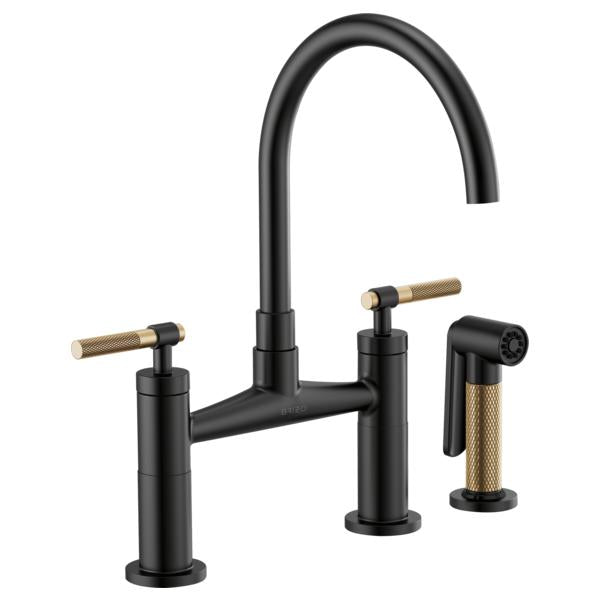 Brizo® 62543LF-BLGL Litze™ Widespread Bridge Kitchen Faucet With Matching Side Spray, 1.8 gpm Flow Rate, 8 in Center, Arc Spout, Matte Black/Luxe Gold, 2 Handles