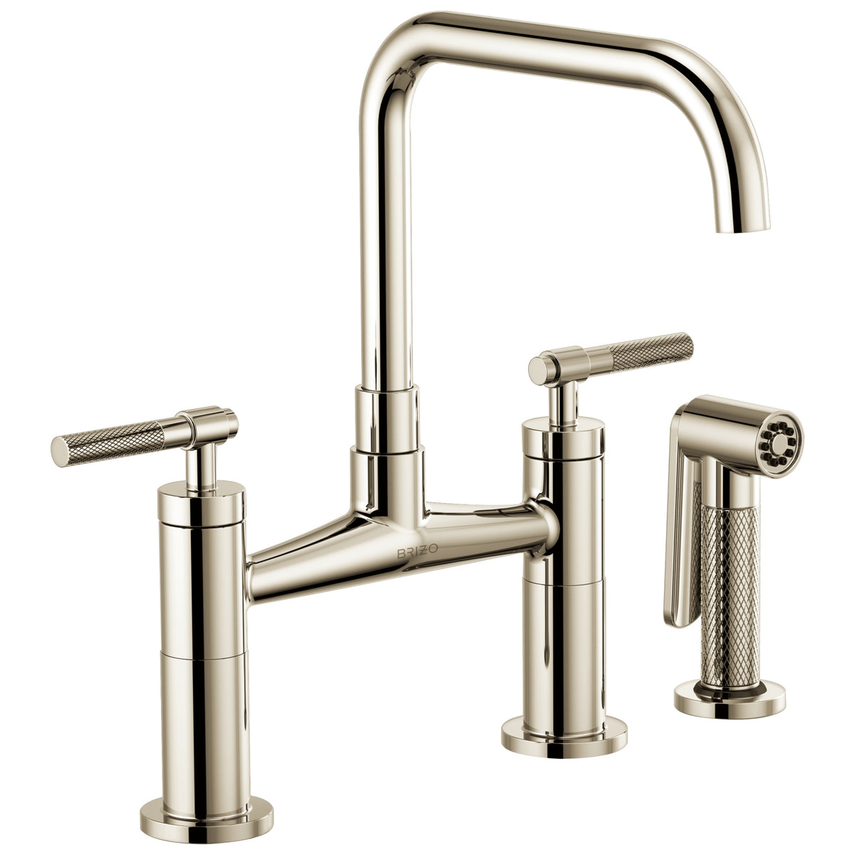 Brizo® 62553LF-PN Litze™ Widespread Bridge Kitchen Faucet With Matching Side Spray, 1.8 gpm Flow Rate, 8 in Center, Square Spout, Polished Nickel, 2 Handles