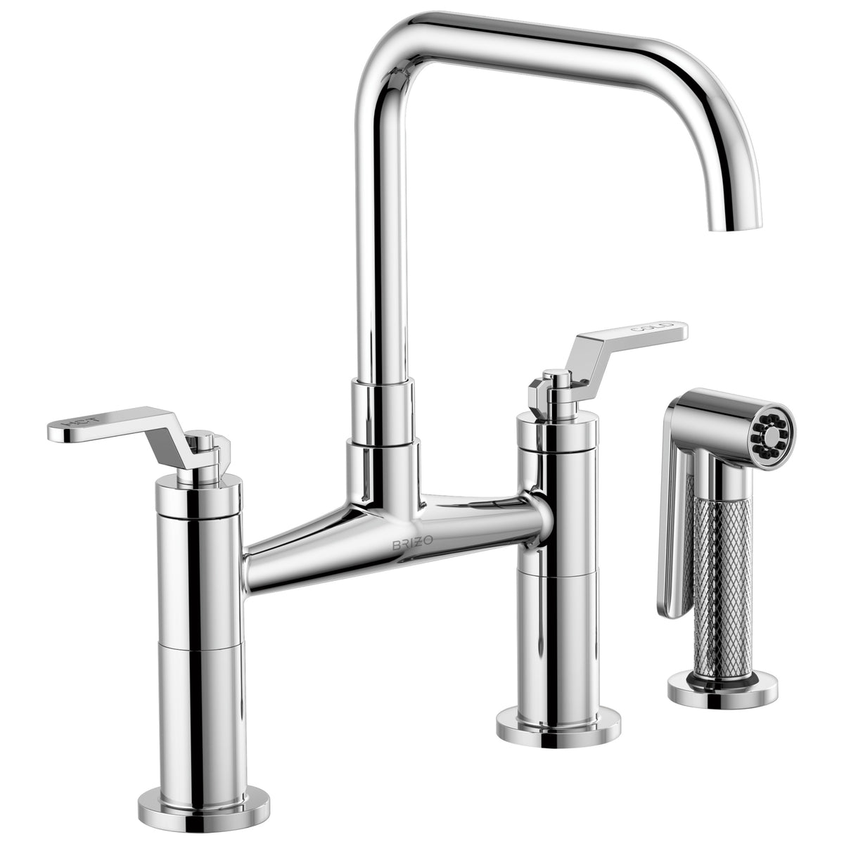 Brizo® 62554LF-PC Litze™ Widespread Bridge Kitchen Faucet With Matching Side Spray, 1.8 gpm Flow Rate, 8 in Center, Square Spout, Polished Chrome, 2 Handles