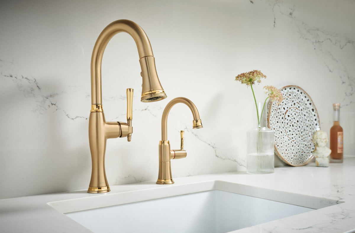 Brizo® 63958LF-GLPG Pull-Down Kitchen Faucet, 1.8 gpm Flow Rate, Luxe Gold/Polished Gold, 1 Handles, 1 Faucet Holes, Spray/Aerated Stream Function, Import