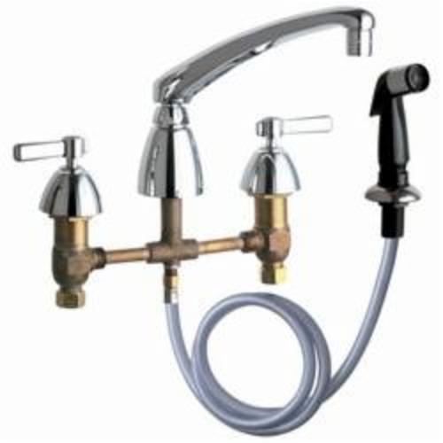 Chicago Faucet® 200-AL8E35ABCP Concealed Kitchen Sink Faucet With Side Spray, Commercial, 1.5 gpm Flow Rate, 8 in Center, L-Type Swivel Spout, Polished Chrome, 2 Handles, Domestic