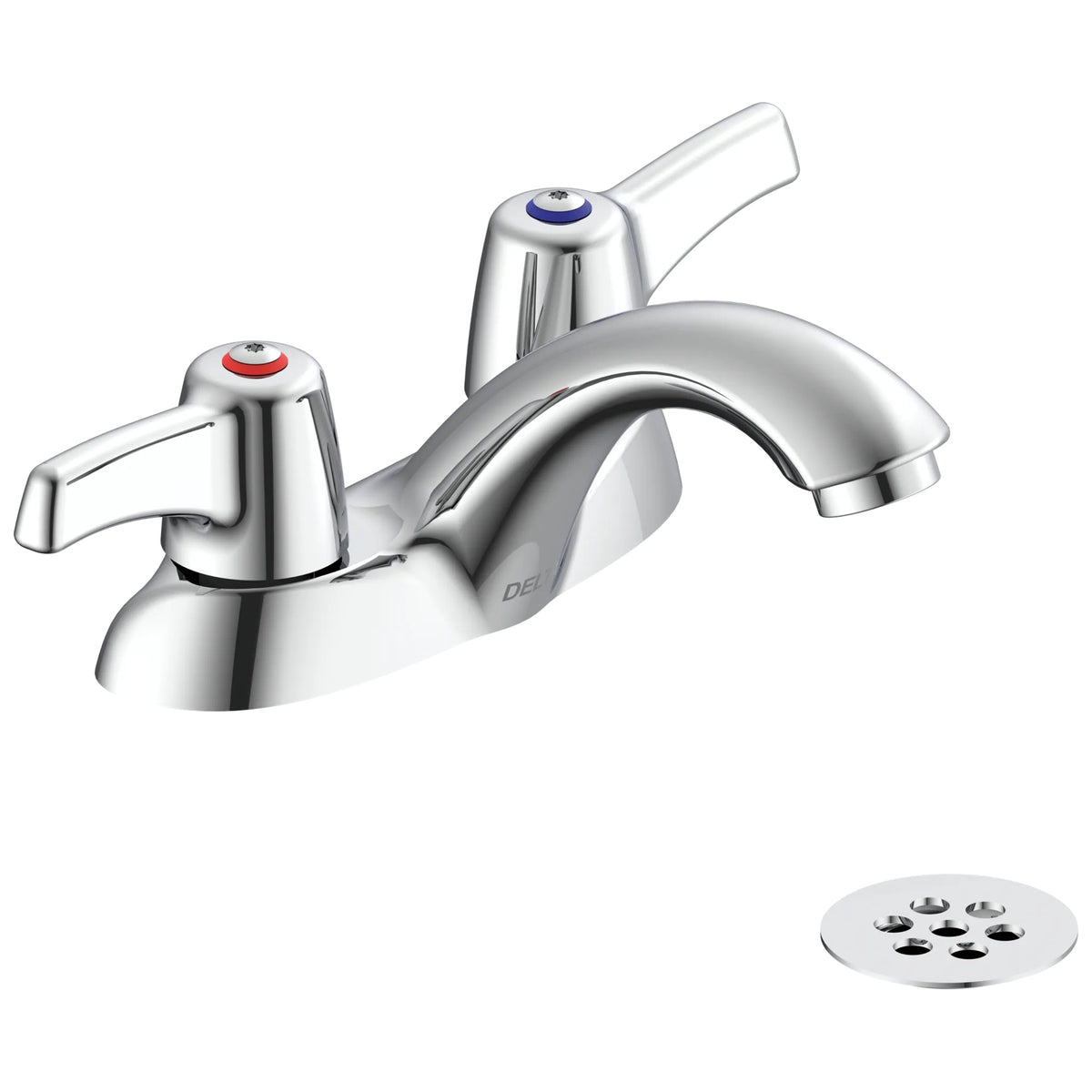 Commercial 21T423 TECK® Heavy Duty Centerset Bathroom Faucet With Cast Offset Open Grid Strainer, Polished Chrome, 2 Handles, Pop-Up Drain, 1.5 gpm Flow Rate