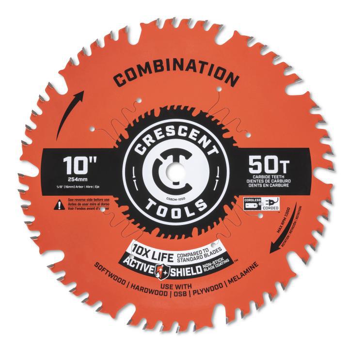 Crescent® CSBCM-1050 Combination Circular Saw Blade, 10 in Dia, 5/8 in Arbor, Steel Blade, 50 Teeth