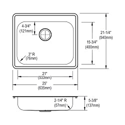 DAYTON® GE125210 Kitchen Sink, Satin, 21 in L x 15-3/4 in W Bowl x 5-1/4 in D Bowl, 25 in L x 21-1/4 in W x 5-3/8 in H, Drop-In/Top Mounting, Stainless Steel