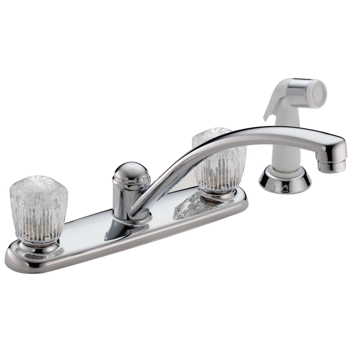DELTA® 2402LF Classic Kitchen Faucet, Commercial, 1.8 gpm Flow Rate, 8 in Center, Swivel Spout, Polished Chrome, 2 Handles, Domestic