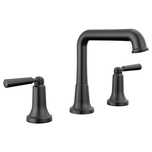 DELTA® 3536-BLMPU-DST Bathroom Faucet, 1.2 gpm Flow Rate, 4.938 in H Spout, 10, 11, 12, 13, 14, 15, 16, 4, 5, 6, 7, 8, 9 in Center, Matte Black, 2 Handles, Push Pop-Up Drain