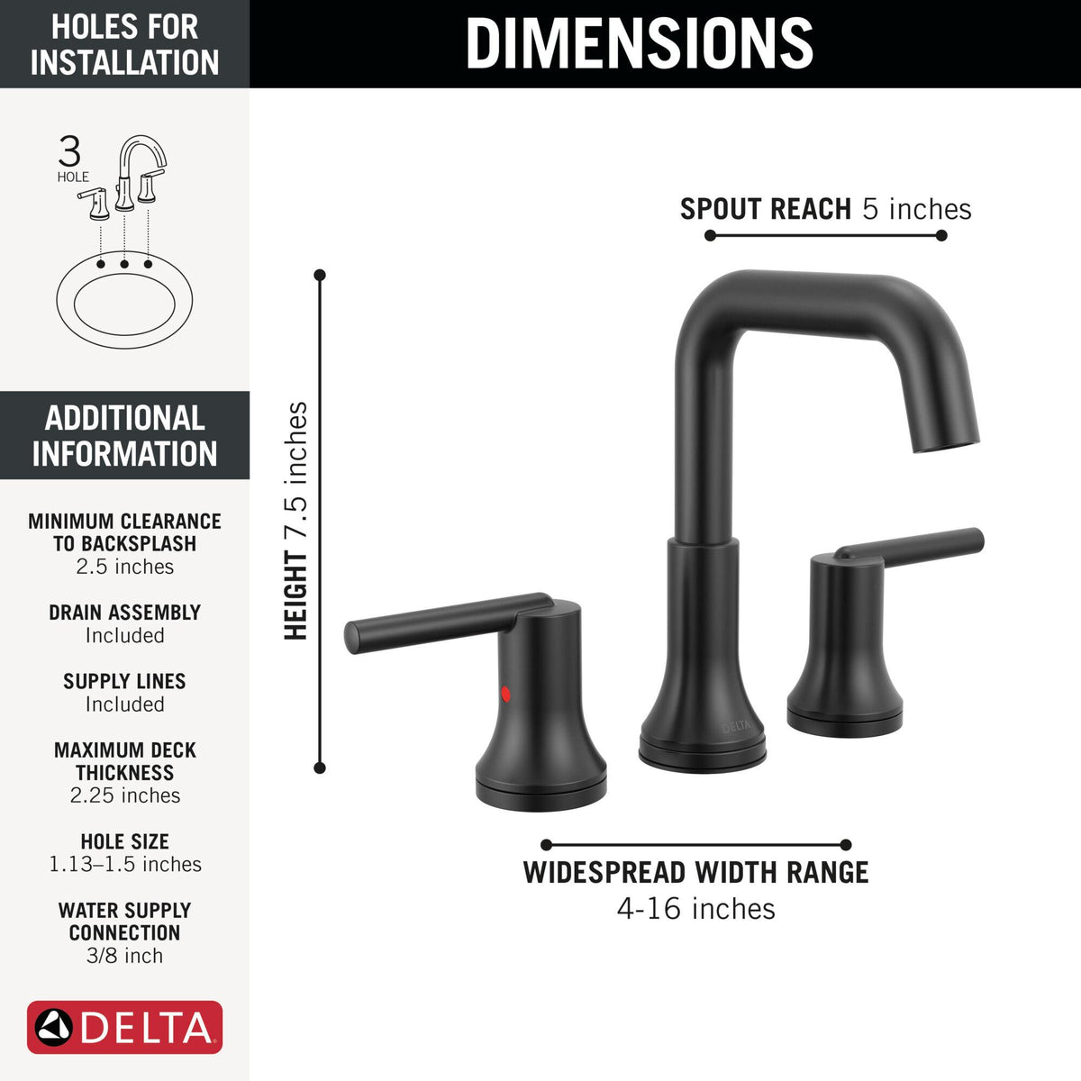 DELTA® 3554-BLMPU-DST 3554 Trinsic® Widespread Bathroom Faucet, Commercial/Residential, 1.2 gpm Flow Rate, 5.3125 in H Spout, 4 to 16 in Center, Matte Black, 2 Handles, Pop-Up Drain