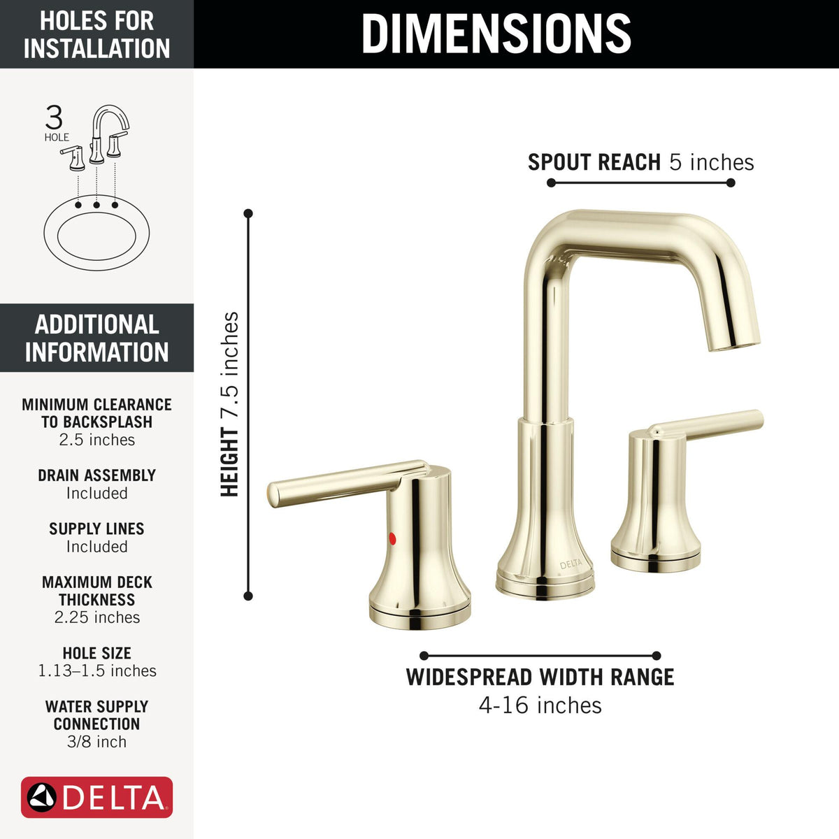 DELTA® 3554-PNMPU-DST 3554 Trinsic® Widespread Bathroom Faucet, Commercial/Residential, 1.2 gpm Flow Rate, 5.3125 in H Spout, 4 to 16 in Center, Polished Nickel, 2 Handles, Pop-Up Drain