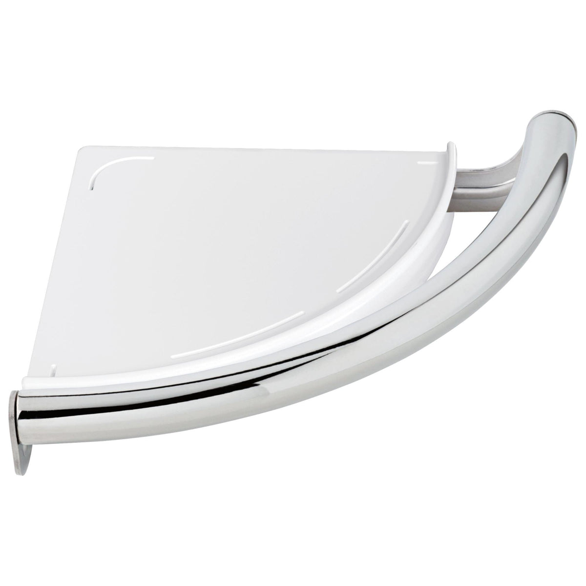 DELTA® 41516 Decor Assist™ Contemporary Corner Shelf With Assist Bar, 9-1/8 in OAL x 9-1/8 in OAD x 2-3/16 in OAH, Stainless Steel, Import