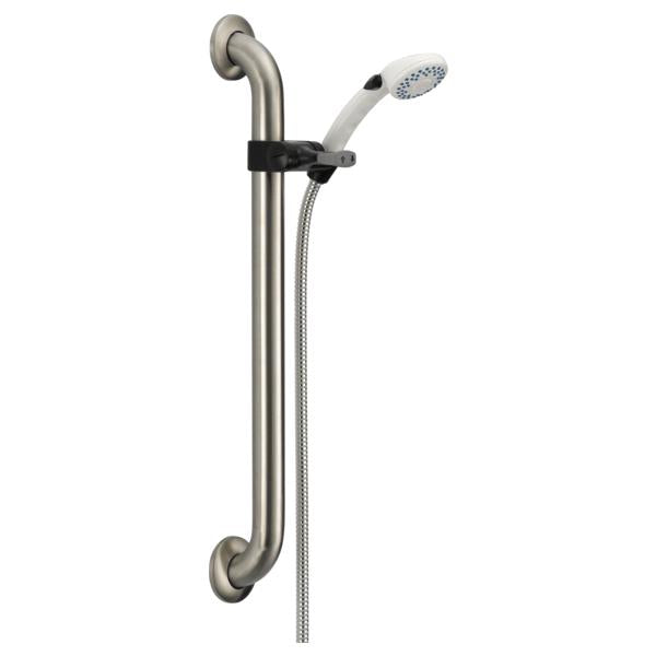 DELTA® 52001-DS Hand Shower, 4 in Dia 2-Function Shower Head, 2.5 gpm Flow Rate, 60 in L Hose, 1/2 in Connection, Stainless Steel, Import