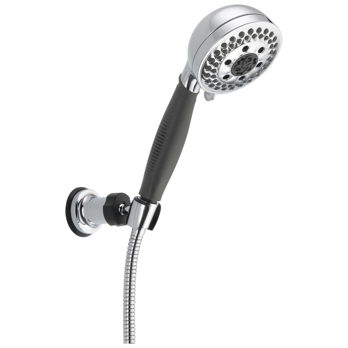 DELTA® 55445 Wall Mount Hand Shower, 3 in Dia 5-Function Shower Head, 2 gpm Flow Rate, 60 in L Hose, 1/2 in Female Connection, Polished Chrome, Import