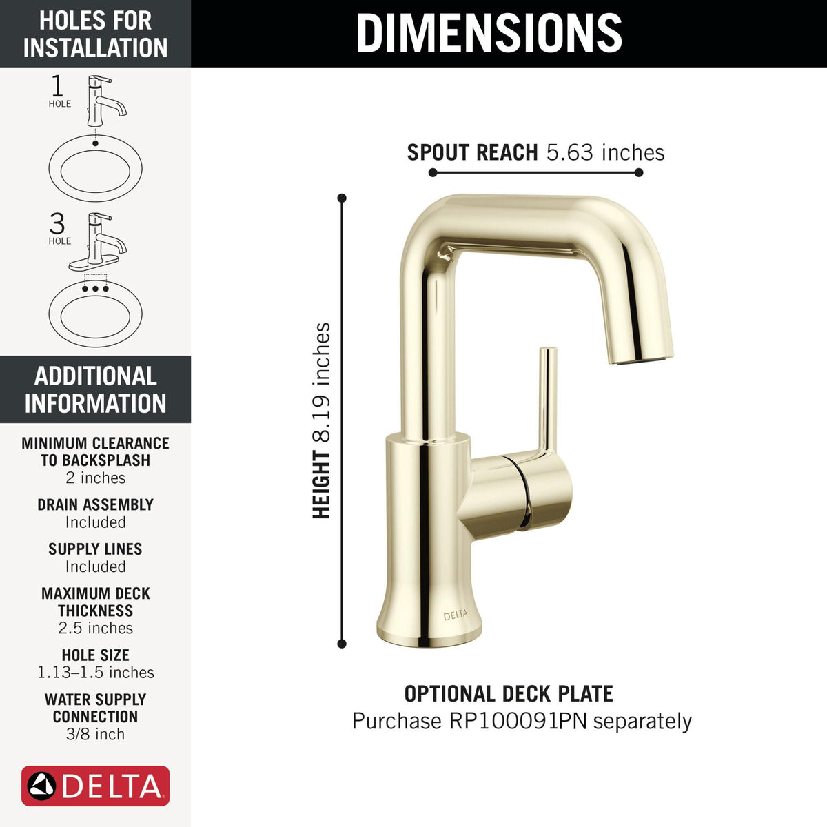 DELTA® 554HAR-PN-DST 554HAR Trinsic® Single Handle Bathroom Faucet, Commercial, 1.2 gpm Flow Rate, 5.75 in H Spout, 1 Handles, Pop-Up Drain, 1 Faucet Holes, Polished Nickel