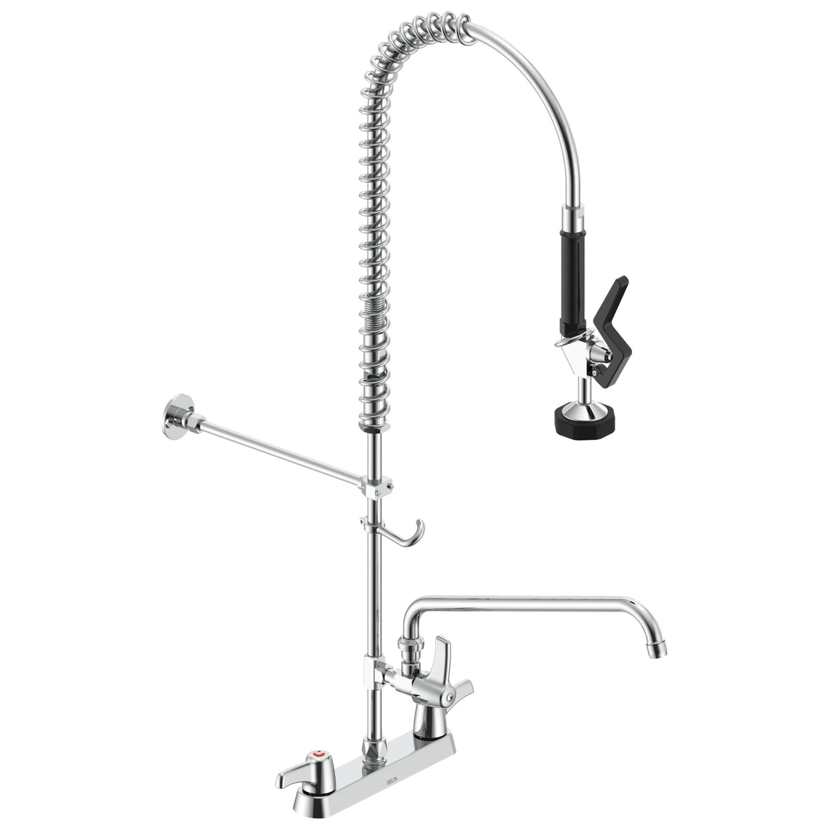 DELTA® 55C1283-S8 Pre-Rinse Faucet, Commercial, 1.6 gpm Flow Rate, 8 in Center, Swivel Tubular Spout, Polished Chrome, 2 Handles, Import