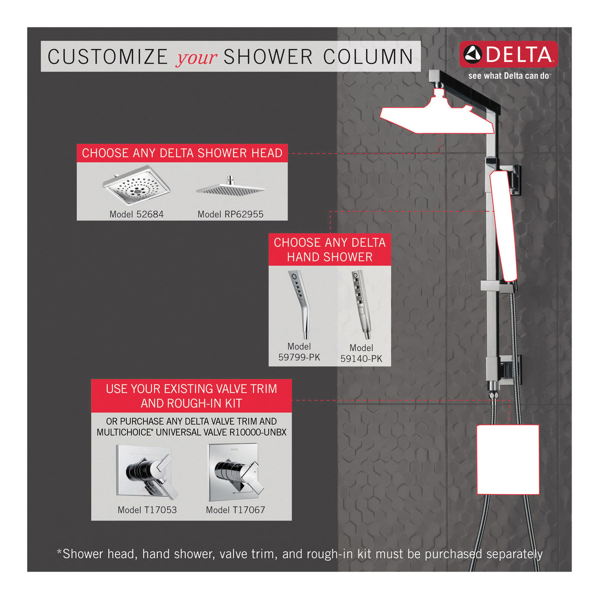 DELTA® 5842 Emerge™ Angular Shower Column, DELTA® Emerge™ Angular Shower Column, 15 in L Shower Arm, Wall Installation, Import