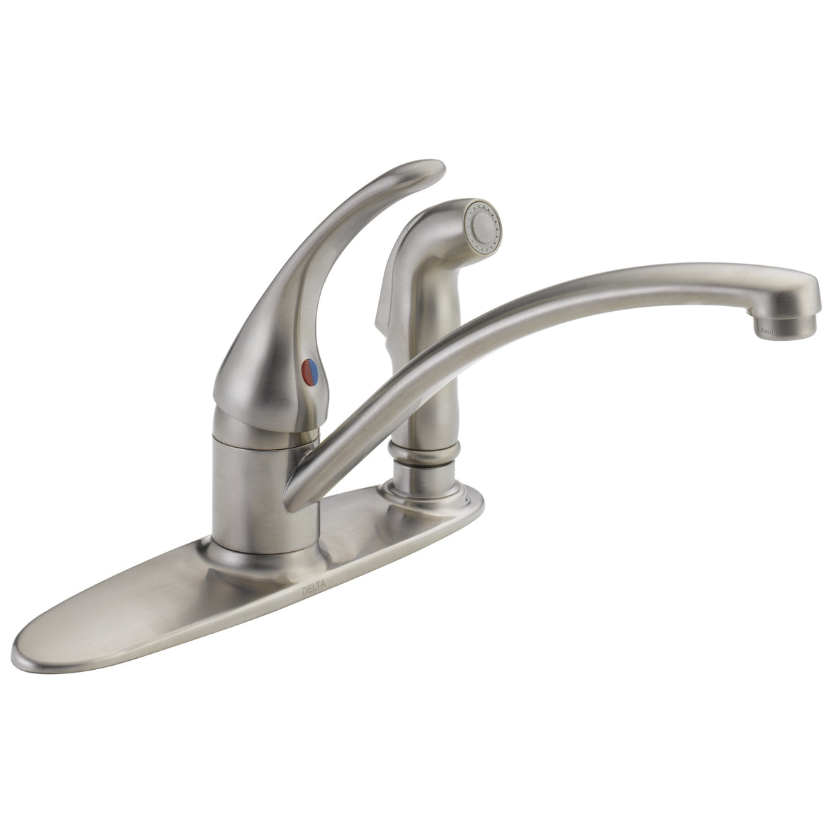 DELTA® B3310LF-SS Foundations® Kitchen Faucet With Integral Sprayer, 1.8 gpm Flow Rate, 8 in Center, Swivel Spout, Stainless Steel, 1 Handles, Import