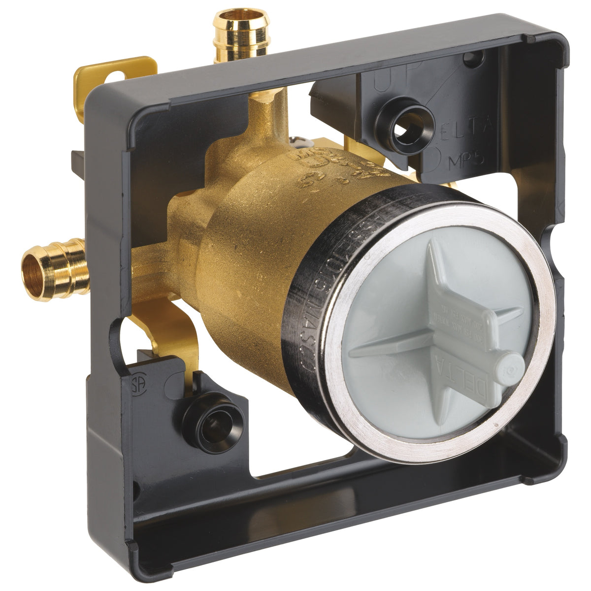 DELTA® R10000-PFS-PX MultiChoice® Universal Prefab Shower Rough-In Valve Body, 1/2 in PEX Crimp Inlet x 1/2 in PEX Crimp Outlet, Forged Brass Body, Domestic