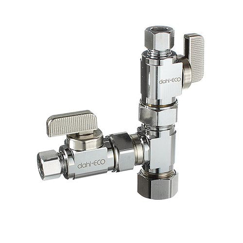 dahl dahal-Eco™ mini-ball™ E33-5001 Straight Dual Shut-Off Valve, 5/8 x 3/8 x 3/8 in Nominal, Compression End Style, Brass Body, Polished Chrome, Domestic