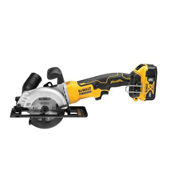 DeWALT® DCS571P1 ATOMIC Brushless Cordless Circular Saw Kit, 4-1/2 in Blade, 3/8 in Arbor/Shank, 20 V DC, 1-9/16 in, 1 in D Cutting, Li-Ion Battery, Left Blade Side