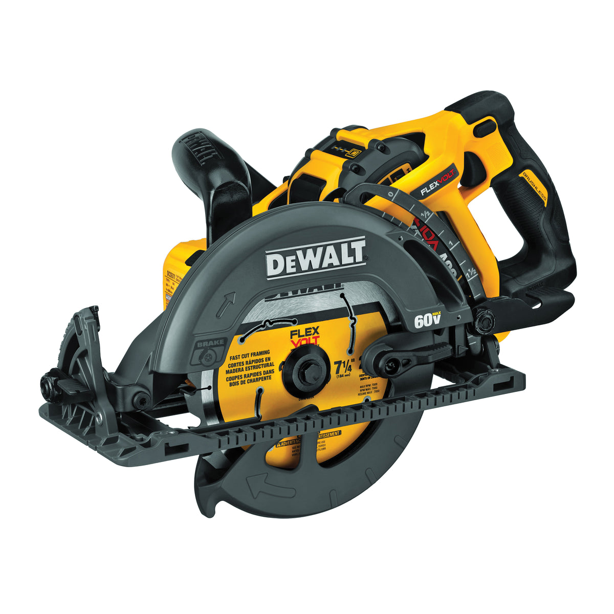 DeWALT® 60V MAX* FLEXVOLT™ DCS577X1 Worm Drive Cordless Circular Saw Kit, 7-1/4 in Blade, 5/8 in Arbor/Shank, 60 V DC, 1-7/8 in at 45 deg, 2-7/16 in at 90 deg D Cutting, Li-Ion Battery, Left Blade Side