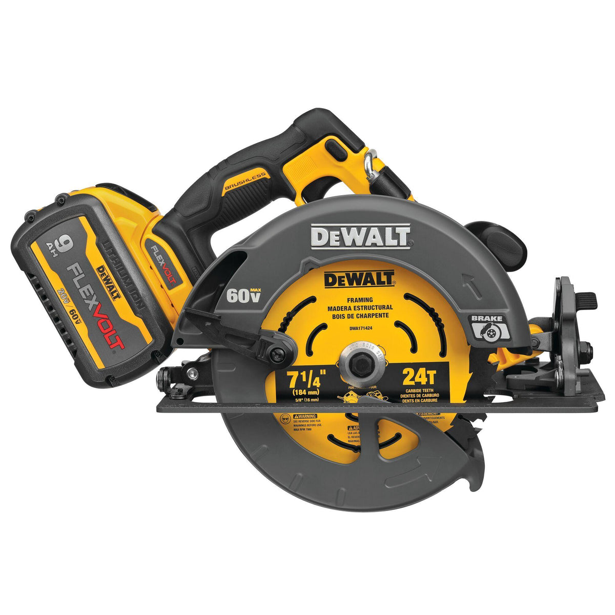 DeWALT® DCS578X1 Brushless Cordless Circular Saw With Brake Kit, 7-1/4 in Blade, 5/8 in Arbor/Shank, 60 V DC, 2 in, 2-9/16 in D Cutting, Li-Ion Battery, Right Blade Side