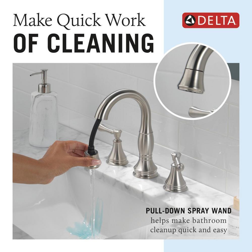 DELTA® 3597-SSPD-DST Cassidy™ Widespread Bathroom Faucet, 1.2 gpm Flow Rate, 4-3/4 in H Spout, 4 to 16 in Center, Stainless, 2 Handles, Metal Push Pop-Up Drain, Domestic