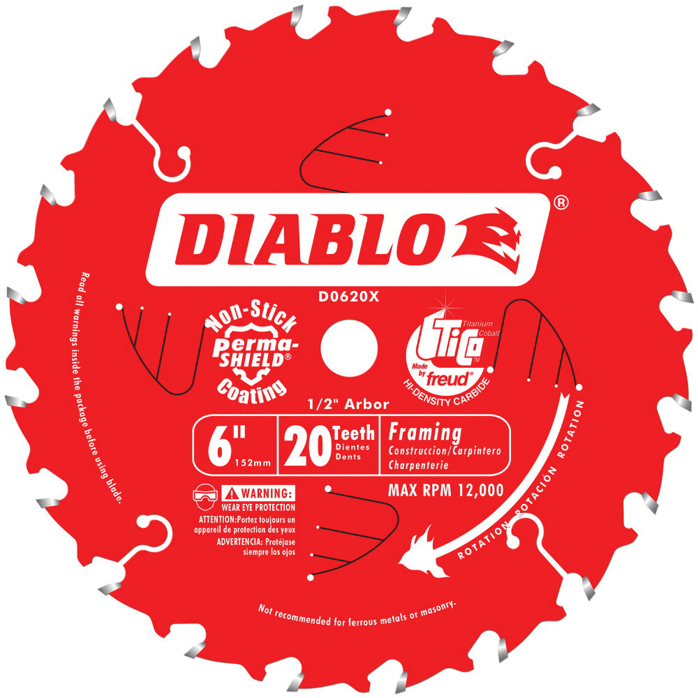 Diablo® D0620X Laser Cut Circular Saw Blade, 6 in Dia x 0.039 in THK, 1/2 in Arbor, Carbide Blade, 20 Teeth