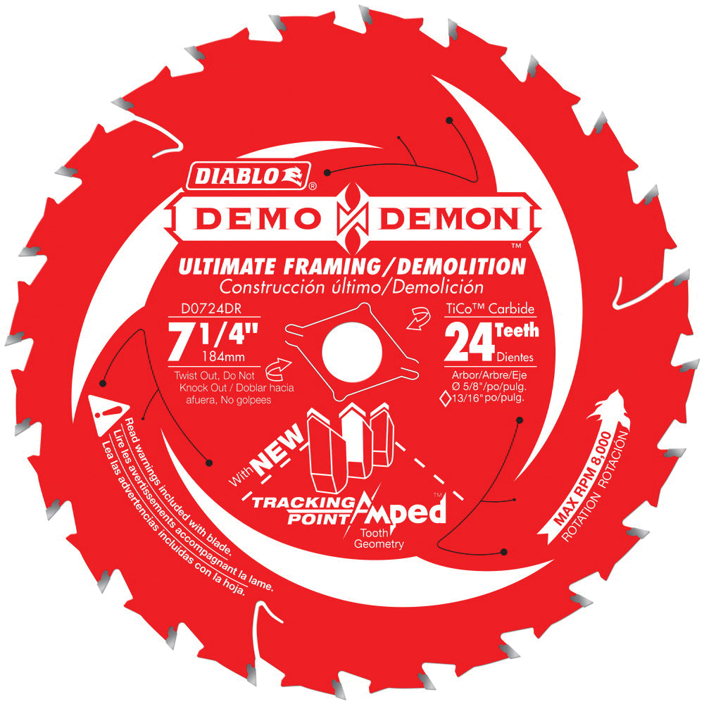Diablo® D0724DA Diamond Knockout Circular Saw Blade, 7-1/4 in Dia x 0.04 in THK, 5/8 in Arbor, Carbide Blade, 24 Teeth