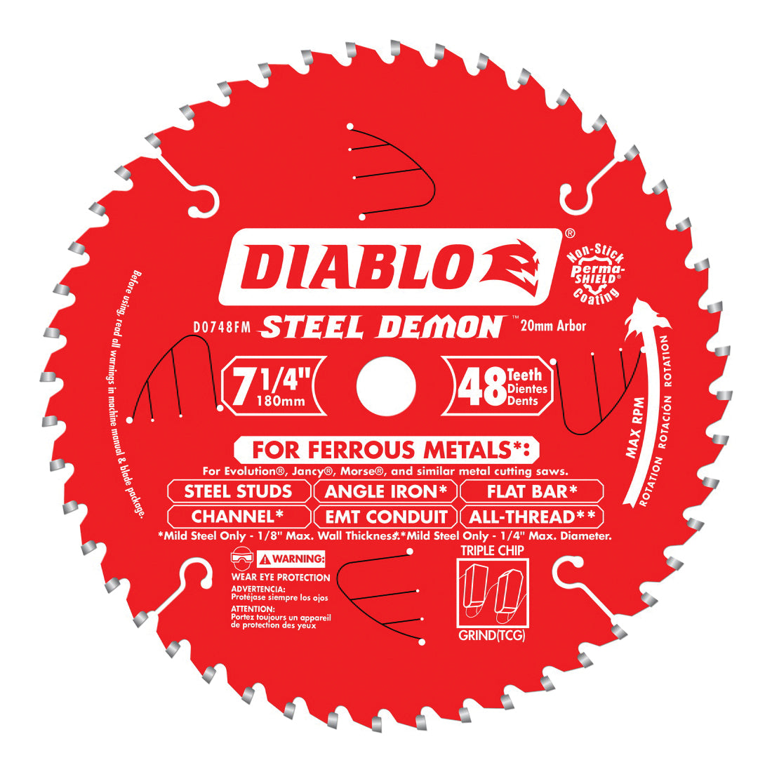Diablo® D0748FM Steel Demon® Circular Saw Blade, 7 in Dia x 0.087 in THK, 20 mm Arbor, TiCo™ Hi-Density Carbide Blade, 48 Teeth