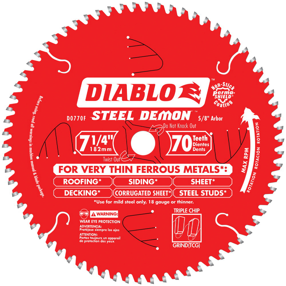 Diablo® D0770F Diamond Knockout Laser Cut Circular Saw Blade, 7-1/4 in Dia x 0.051 in THK, 5/8 in Arbor, Carbide Blade, 70 Teeth