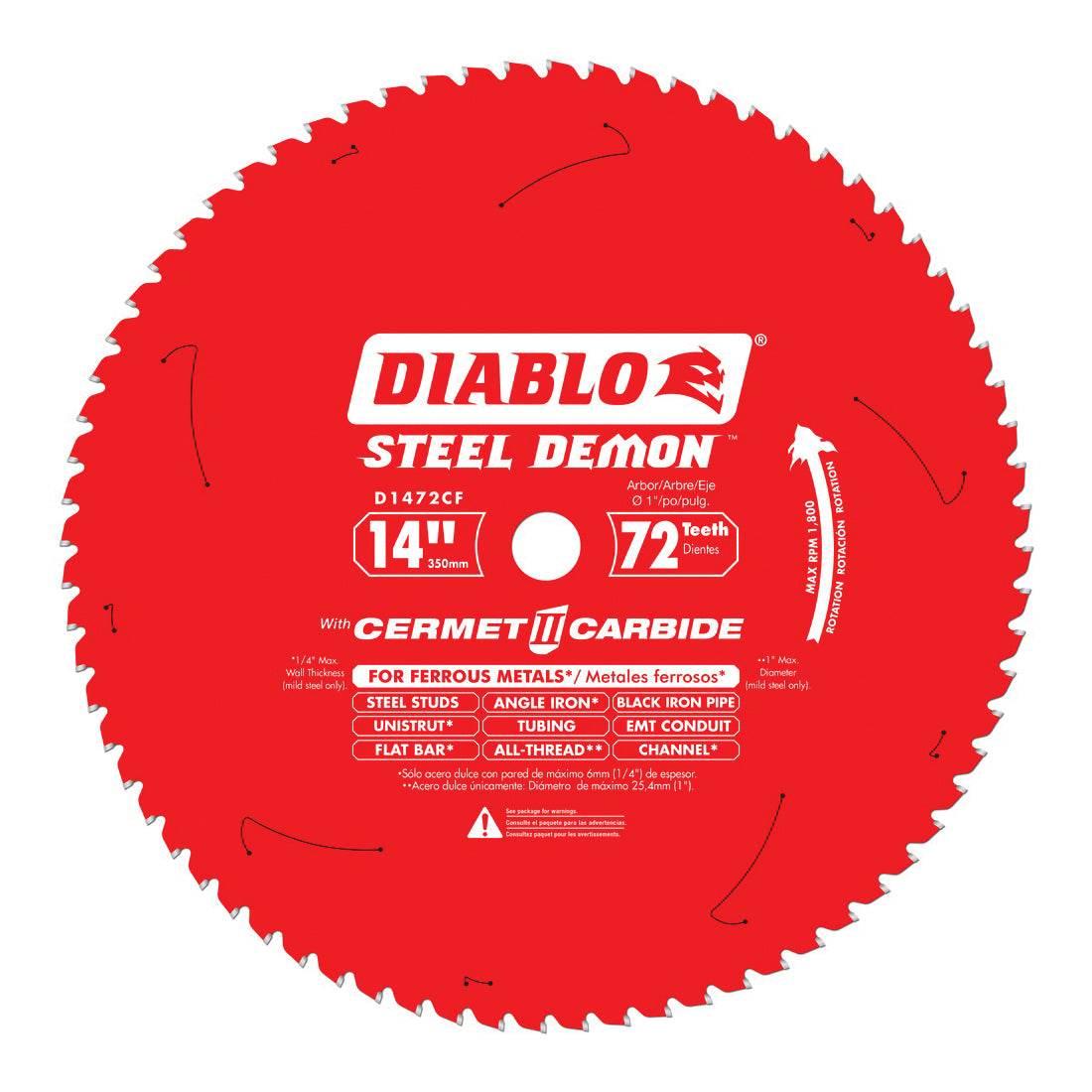 Diablo® D1472CF Steel Demon® Circular Saw Blade, 14 in Dia x 0.071 in THK, 1 in Arbor, Carbide Blade, 72 Teeth