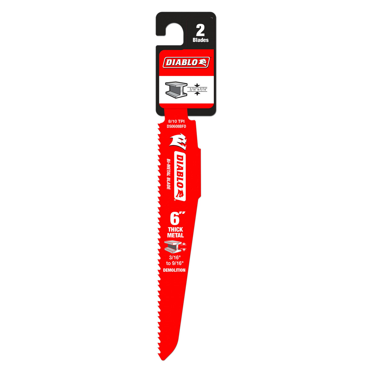 Diablo® DS0608BFD2 Bi-Metal Reciprocating Saw Blade, 6 in L, 8/10 TPI, Steel Body